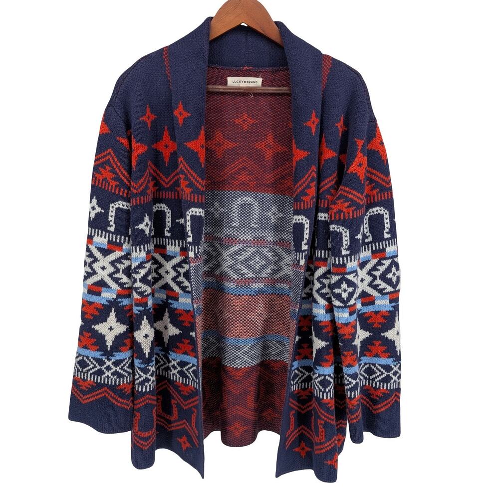 Lucky Brand Southwestern Open Front Cardigan Navy Orange Cotton Blend Size L - Picture 2 of 6